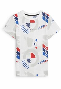 White cotton t-shirt featuring abstract patterns in red, blue, and gray. Includes a "Motorsport" logo printed on the chest. Short sleeves.