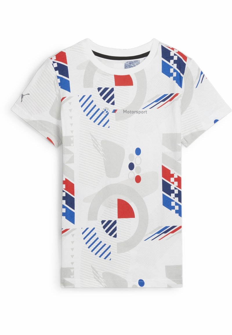 White cotton t-shirt featuring abstract patterns in red, blue, and gray. Includes a "Motorsport" logo printed on the chest. Short sleeves.