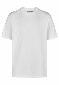 T-shirt bianca a girocollo realizzata in cotone morbido, con maniche corte e una texture liscia, con il marchio visibile sulla scollatura.