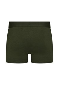 Mørkegrønne boxershorts med en glat tekstur, tætsiddende design og en bred elastisk talje i samme farve.