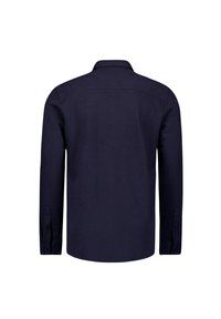 Navyblauwe langemouwenshirt met een klassieke kraag, knoopmanchetten en een gladde textuur, met een rechte zoom en een eenvoudig ontwerp.