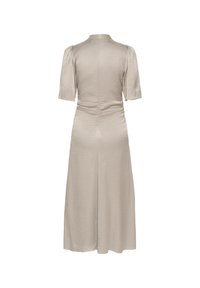 Beige midi dress with short, puffed sleeves, ruched back detail, made from textured fabric with a subtle pattern. Smooth, flowing design.