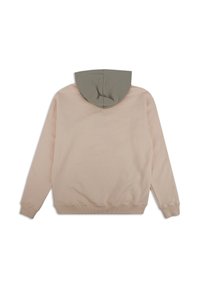 Sudadera con capucha en rosa claro con el interior de la capucha en color verde oliva contrastante, hecha de un tejido suave, que cuenta con puños y dobladillo de canalé.