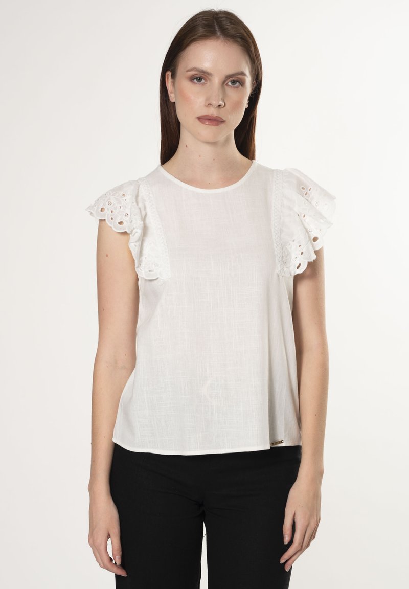 Blusa bianca con maniche a sbuffo in pizzo ad occhio di pernice, scollatura rotonda e tessuto morbido e testurizzato. Indossata con pantaloni neri. Sfondo semplice.