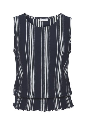 Top blu navy senza maniche con righe bianche verticali e orlo leggermente arricciato, tessuto strutturato, scollo rotondo e vestibilità comoda.
