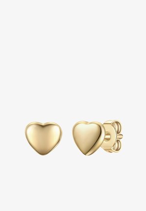 Gouden oorknopjes in de vorm van een hart met vlindergespsluiting, gepolijste en gladde afwerking, gepresenteerd op een witte achtergrond.