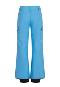 Blauwe cargopants met een wijd uitlopend ontwerp, voorzien van twee zijzakken en zwart cinched boorden bij de enkels. Gemaakt van glad materiaal.