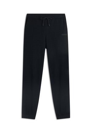 Pantaloni sportivi neri con texture a coste, vita e polsini elasticizzati, dotati di un cordino e un piccolo dettaglio di branding sul lato.
