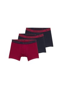 Conjunto de bóxer para hombre en colores burdeos y azul marino, con cinturillas elásticas que presentan el logo "TOM TAILOR", fabricados en tela suave y elástica.