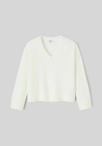 Pull blanc, court, avec un décolleté en V, des manches longues et un ourlet côtelé. Texture douce, tissu léger, sans motifs ni accents visibles.