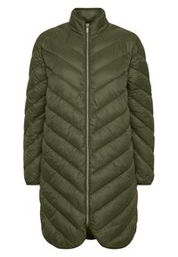Olivengrøn polstret frakke med et chevronmønster, høj krave og lynlås foran. Stoffet ser glat og letvægtsagtigt ud. Mellemlang design.