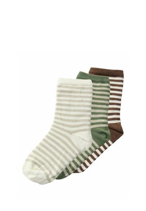 Tre par stribede ankelsokker i beige, grøn og brun farve arrangeret overlappende på hvid baggrund.