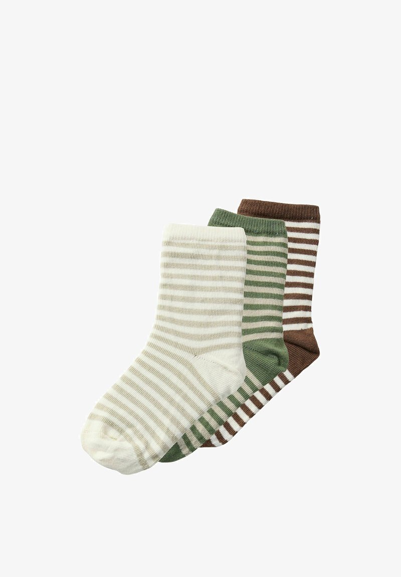 Trois paires de chaussettes à rayures pour chevilles en beige, vert et marron disposées en chevauchement sur fond blanc.