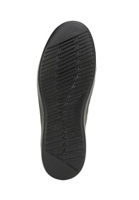 Black rubber shoe sole with textured grip pattern, featuring horizontal and vertical ridges, and a smooth area at the heel.