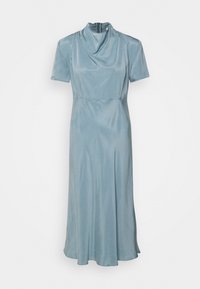 Ljusblå satin midi-klänning med korta ärmar, hög draperad halsringning, åtsittande midja och dragkedja i ryggen.