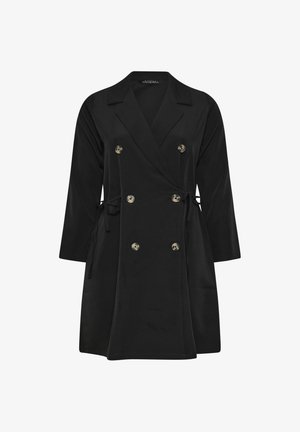 Zwarte wikkeljas met lange mouwen, dubbelzijdige goudkleurige knoopsluiting, zijstrikjes en een gladde textuur.