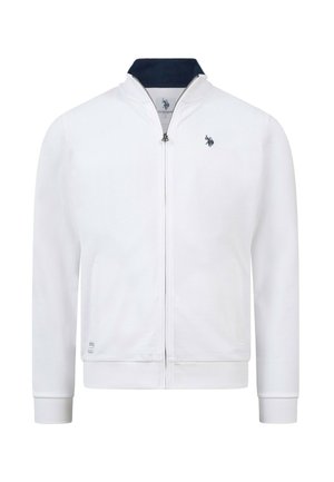 Weiße Jacke mit Reißverschluss, gerippten Bündchen und Saum, marineblauem Innenkragen und kleinem, gesticktem Logo auf der linken Brust.