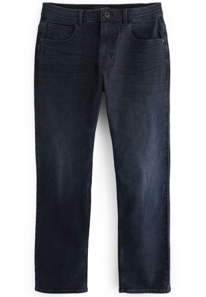 Dunkelblaue Jeans aus Denim mit geradem Bein, fünf Taschen und einem Knopfverschluss. Der Stoff weist leichte Verwaschungen und eine glatte Textur auf.