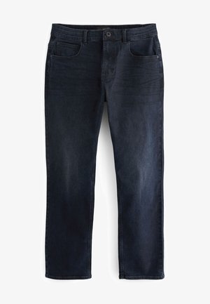 Dunkelblaue Jeans aus Denim mit geradem Bein, fünf Taschen und einem Knopfverschluss. Der Stoff weist leichte Verwaschungen und eine glatte Textur auf.