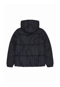 Czarna kurtka puchowa z kapturem, z pikowanym wzorem i widocznymi przeszyciami. Gładka faktura i ściągacze na rękawach. Widok od tyłu.