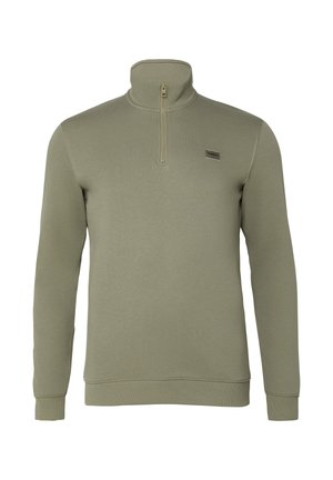 Heren sweatshirt in olijfgroen met een kwartritssluiting, lange mouwen, geribbelde manchetten en een klein rechthoekig logo op de linkerborst.