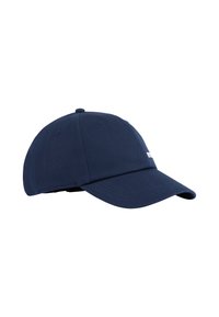 Gorra de béisbol azul marino con visera curva y pequeño logo bordado en blanco en el lado derecho frontal.