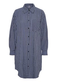 Blue and black gingham shirt dress, long sleeves, button-down front, single chest pocket, slightly curved hem. Cotton fabric with a smooth texture.