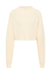 Pulover scurt din tricot moale, texturat, de culoare crem. Dispune de un guler înalt și mâneci lungi cu mansete ajustate.