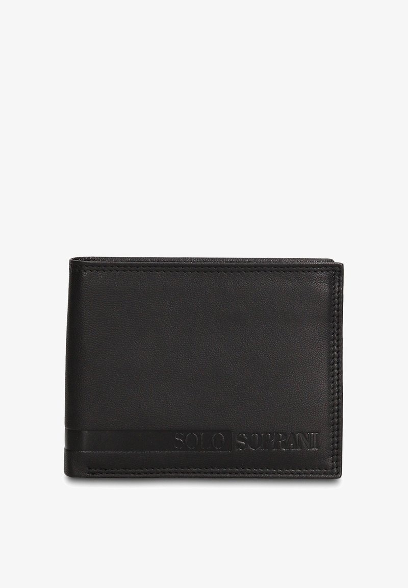 Zwarte leren portemonnee met een gladde textuur, bi-fold ontwerp en gegraveerd "SOLO SOPRANI" logo onderaan de voorkant. Compact formaat en minimale details.