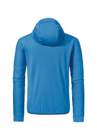 Blaues langärmliges Kapuzenshirt aus leichtem Stoff, mit einer glatten Textur und elastischen Bündchen. Auf der Rückseite befindet sich ein einfaches Design.