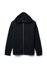 Felpa nera con zip, dotata di un ampio cappuccio, due tasche frontali e polsini a coste. Realizzata in tessuto morbido e texturizzato per comfort e calore.