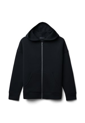Schwarze Kapuzenjacke mit großem Hoodie, zwei Fronttaschen und gerippten Bündchen. Hergestellt aus weichem, strukturiertem Stoff für Komfort und Wärme.