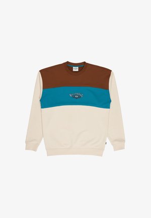 Sweat-shirt à manches longues et col rond avec des blocs de couleur marron, bleu sarcelle et beige et un petit logo Billabong sur la poitrine.