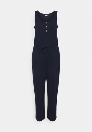 Marineblauer Overall mit Tanktop-Design, Knopfverschluss vorne, verstellbarem Kordelzug in der Taille und zulaufenden Beinen. Weiche Stoffstruktur.