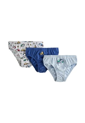 Tri páry detských slipov v bielej, modrej a svetlomodrej farbe, každý s potlačou stavebných vozidiel na látke.