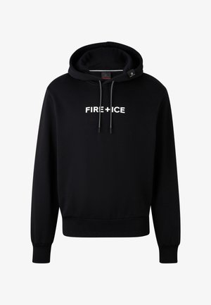 Zwarte hoodie met voorop de tekst "FIRE+ICE," met trekkoorden en ribgebreide manchetten en zoom, weergegeven op een witte achtergrond.