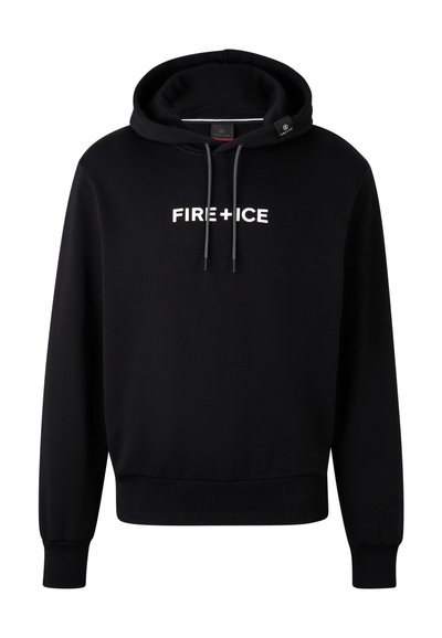 Zwarte hoodie met voorop de tekst "FIRE+ICE," met trekkoorden en ribgebreide manchetten en zoom, weergegeven op een witte achtergrond.