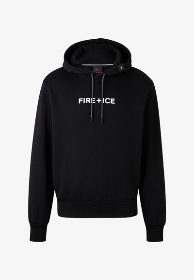 Felpa nera con la scritta frontale "FIRE+ICE", con cordini e polsini e orlo a costine, mostrata su uno sfondo bianco.