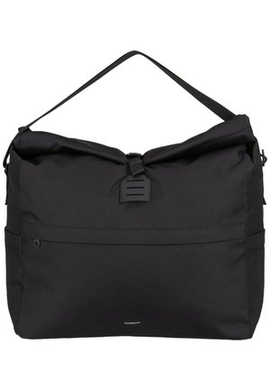 Black roll-top shoulder bag with front buckle closure, single adjustable strap, and small front logo text "Sandqvist".