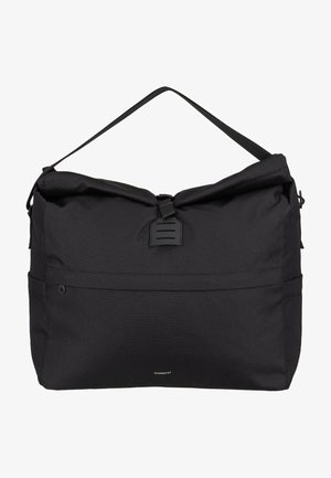 Black roll-top shoulder bag with front buckle closure, single adjustable strap, and small front logo text "Sandqvist".