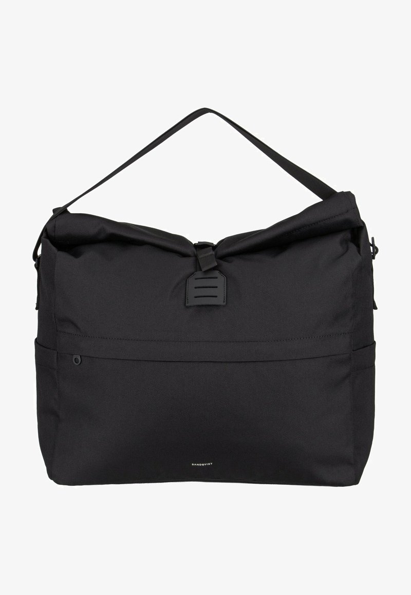 Black roll-top shoulder bag with front buckle closure, single adjustable strap, and small front logo text "Sandqvist".