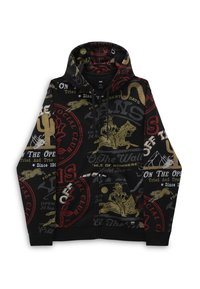 Sudadera negra con cremallera, con estampados gráficos en dorado y rojo, que incluyen logotipos, cactus y un motivo de vaquero. Textura suave y ajuste regular.