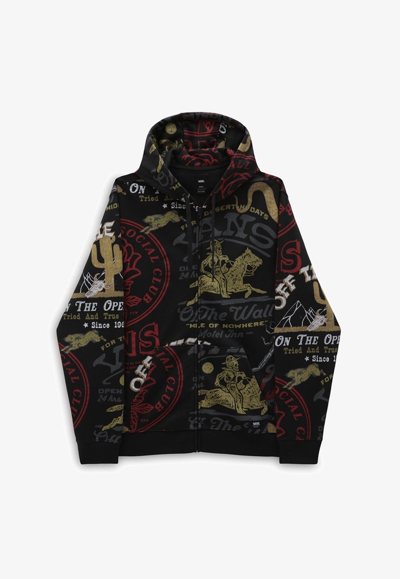 Sudadera negra con cremallera, con estampados gráficos en dorado y rojo, que incluyen logotipos, cactus y un motivo de vaquero. Textura suave y ajuste regular.
