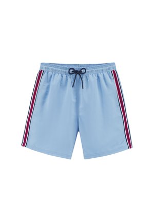 Light blue swim shorts with a drawstring waistband, featuring red and navy vertical stripes on each side. Made from smooth, lightweight material.