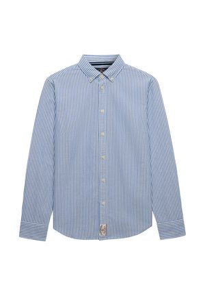 Blå og hvide vertikalt stripede langærmede skjorter med knapper og en button-down krave samt en lille frontlabel nær kantens nederste del.