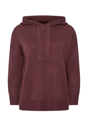 Burgunderfarbene Strickkapuze mit Kordelzug, weiten Ärmeln und strukturiertem Finish. Hat eine Fronttasche und einen gerippten Saum.