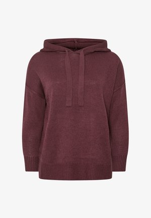 Bordeaux strik hoodie med snøre, brede ærmer og en tekstureret overflade. Har en lomme foran og ribkant.