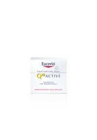 White square box packaging for Eucerin Q10 Active cream, featuring blue text for product name and red text for usage details.