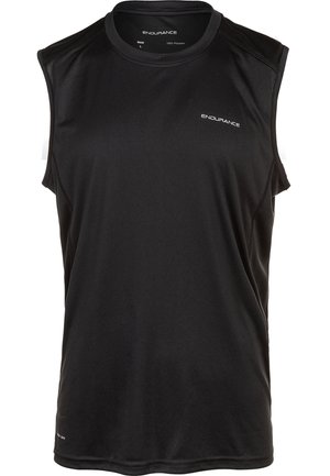 Schwarzes ärmelloses Sportshirt aus 100% Polyester, mit glatter Textur und subtiler Markenkennzeichnung auf der Brust.