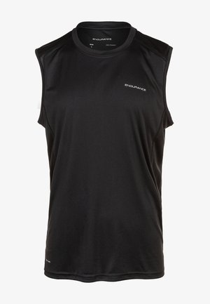 Schwarzes ärmelloses Sportshirt aus 100% Polyester, mit glatter Textur und subtiler Markenkennzeichnung auf der Brust.